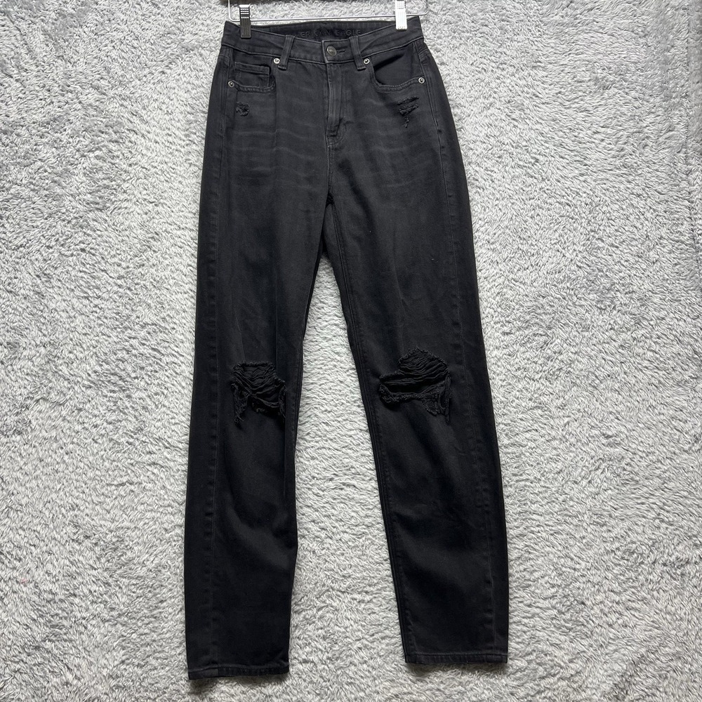 American Eagle Mom Straight Jeans Womens 0 Long Black Distressed Denim 90s